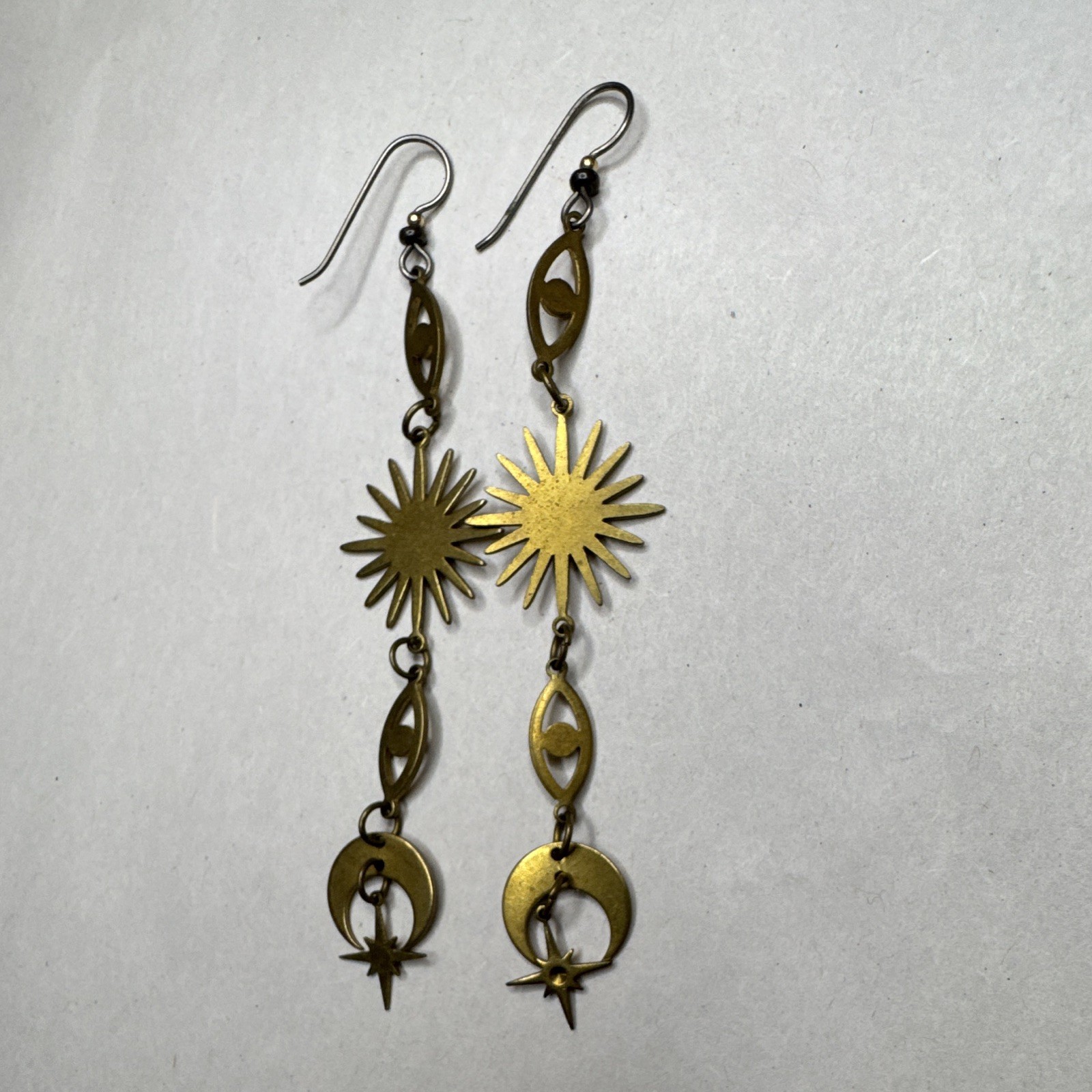 Gold Tone Celestial Sun Moon Star Dangle Drop Hook Earrings No Stone Metal