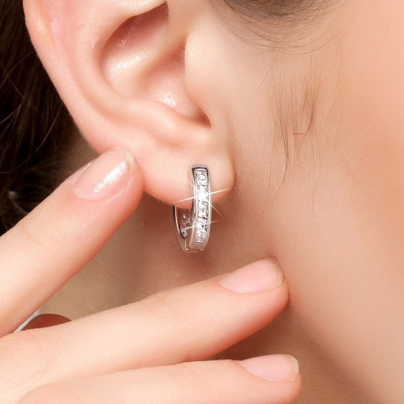 925 Sterling Silver Princess Cut CZ Channel Set Huggie Hoop Earrings Women