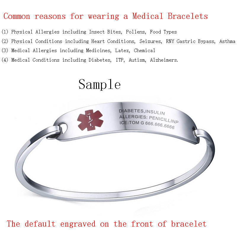 Vnox Adult Women Stainless Steel Medical Alert ID Bracelet Bangle Free Engraving