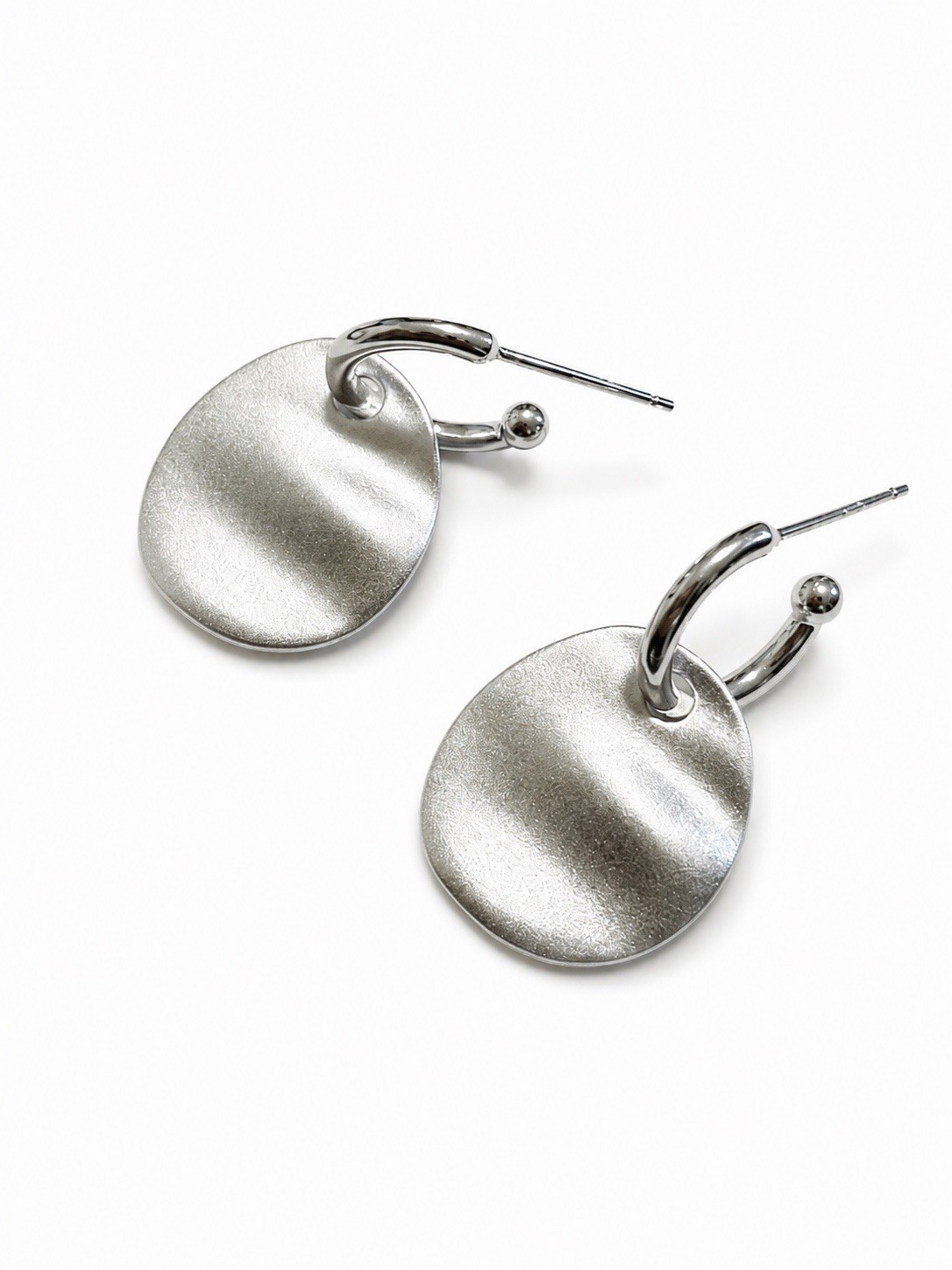 925 Silver Hammered Disc Drop Hoop Earrings Matte Round Hoop Earrings 362