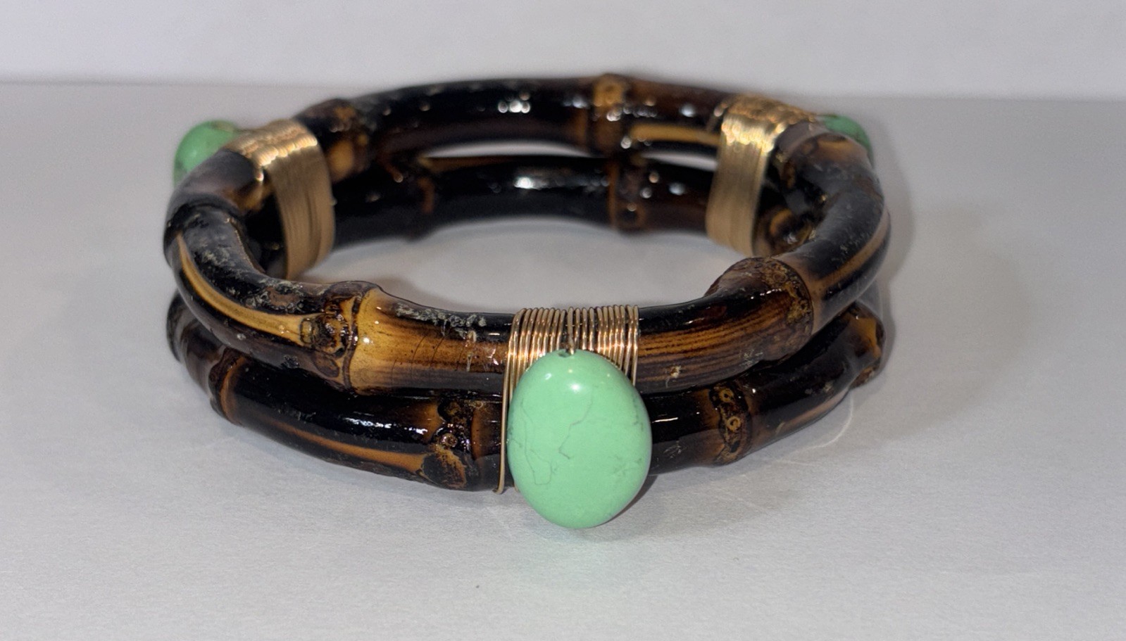 Tortoiseshell Look Bamboo Wrap Bracelet Green Cabochon Boho Statement Cuff