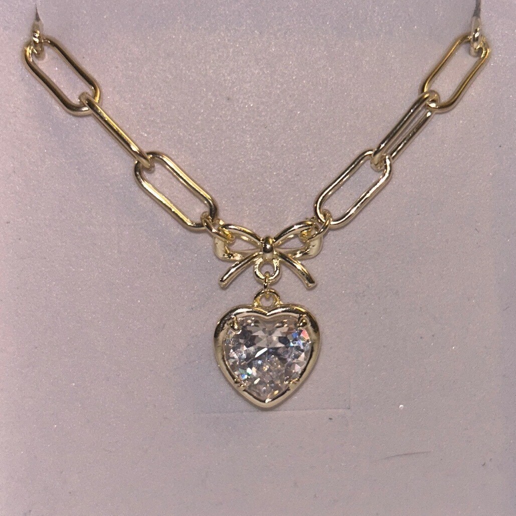 LoveStylize Nora Crystal Heart Necklace Gold Tone Bow Paperclip Chain JC1694