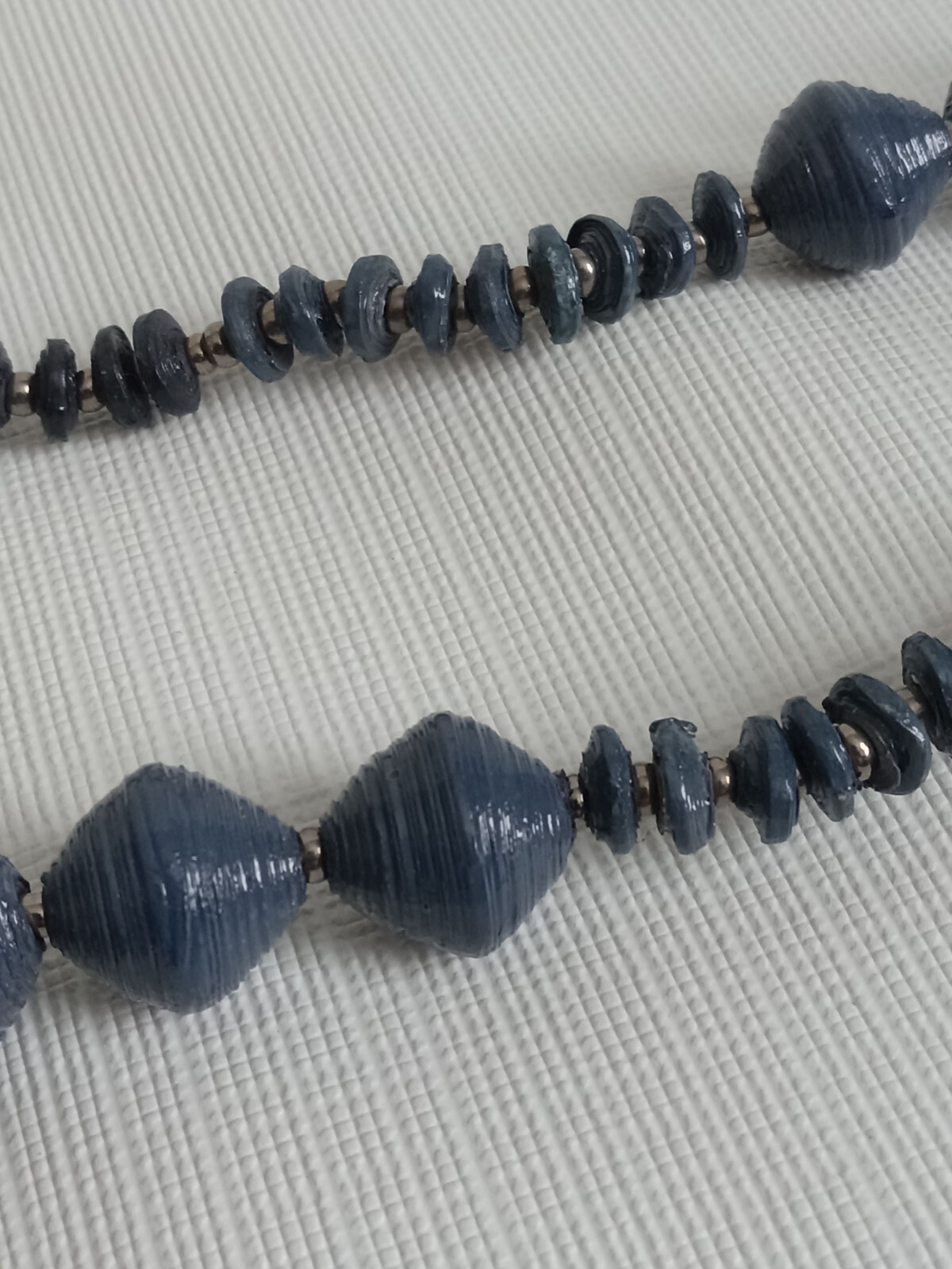 Shades of Blue Lightweight Ribbed Paper Beads Long Length Single Strand Necklace