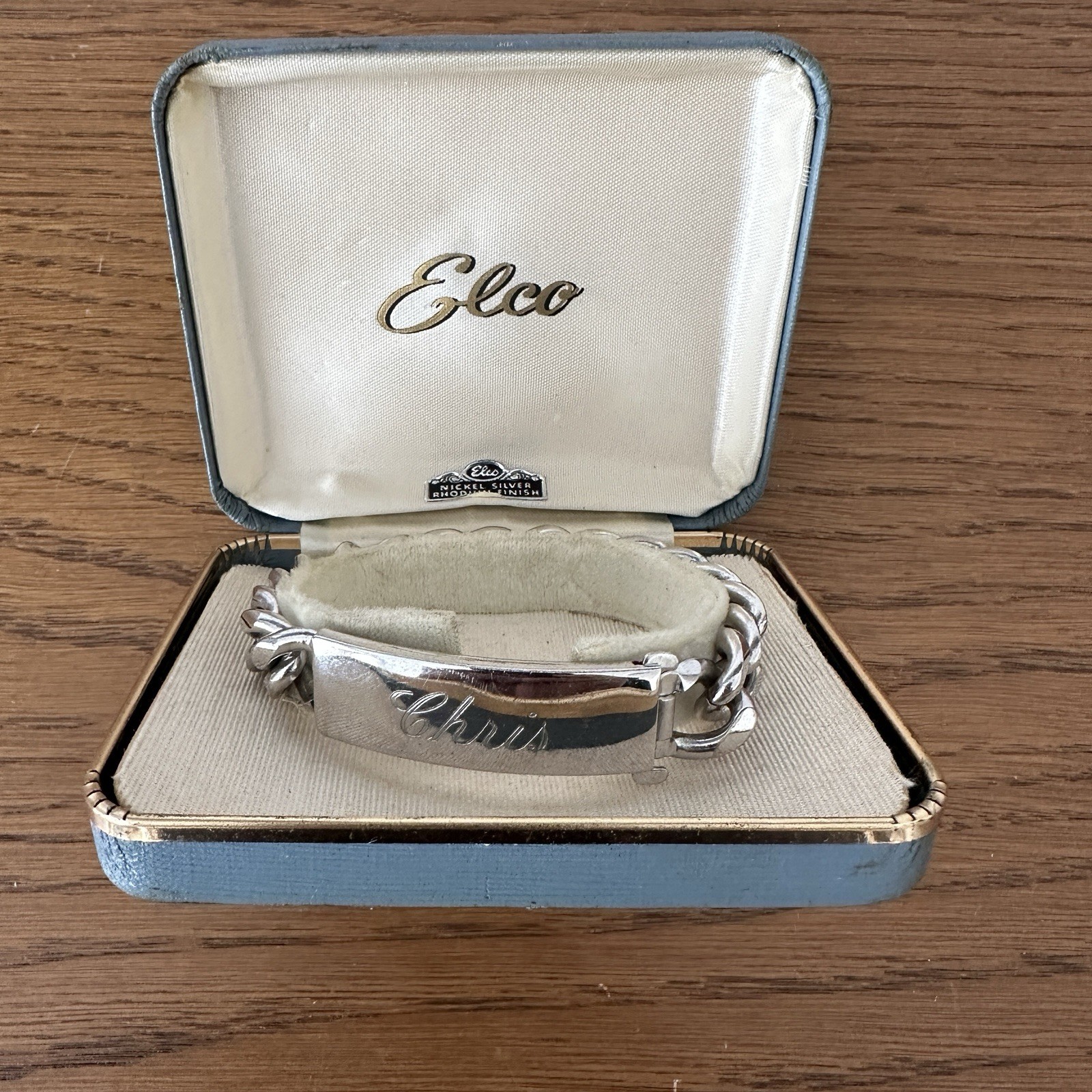 Vintage ELCO Nickel Silver Identity ID Curb Chain Bracelet 8″ MCM “Chris”