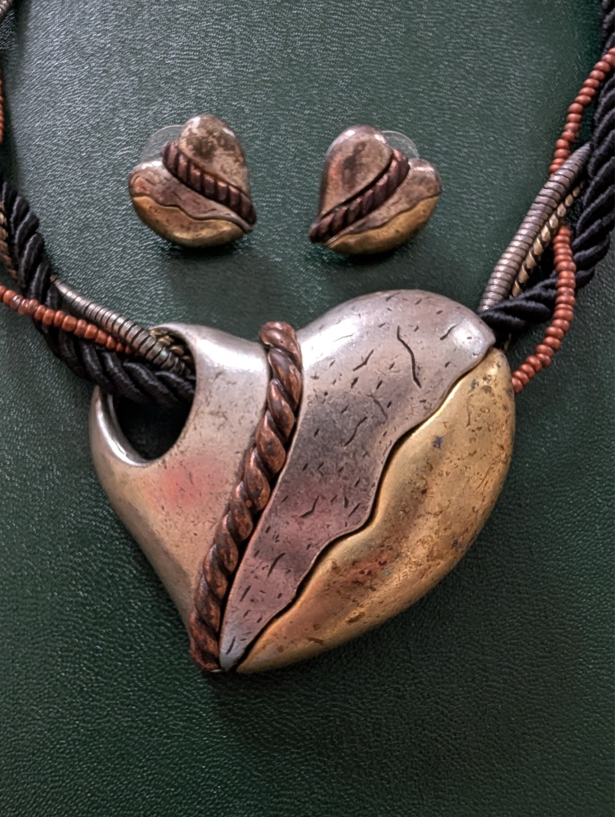 Chico Heart Necklace – Multi Metal – Cord and Beaded Chain
