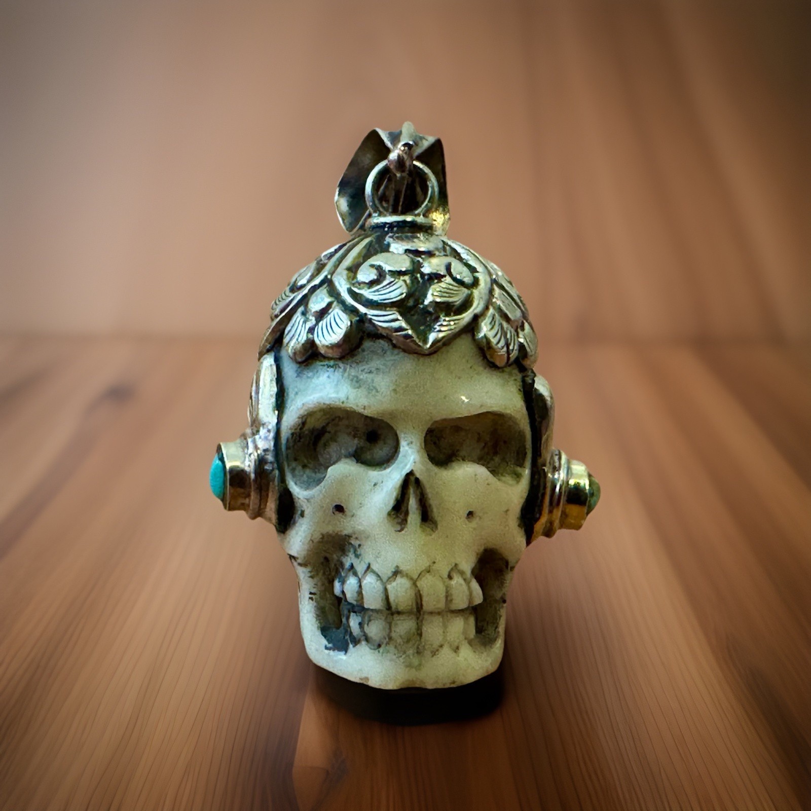 Handcrafted Bone Skull Pendant,Set in Tibetan Silver & Turquoise.2”inch & 27gram