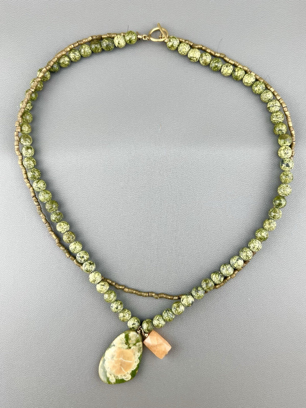 Natural Stone Necklace Green Orange Rainforest Rhyolite Beaded Artisan 16”
