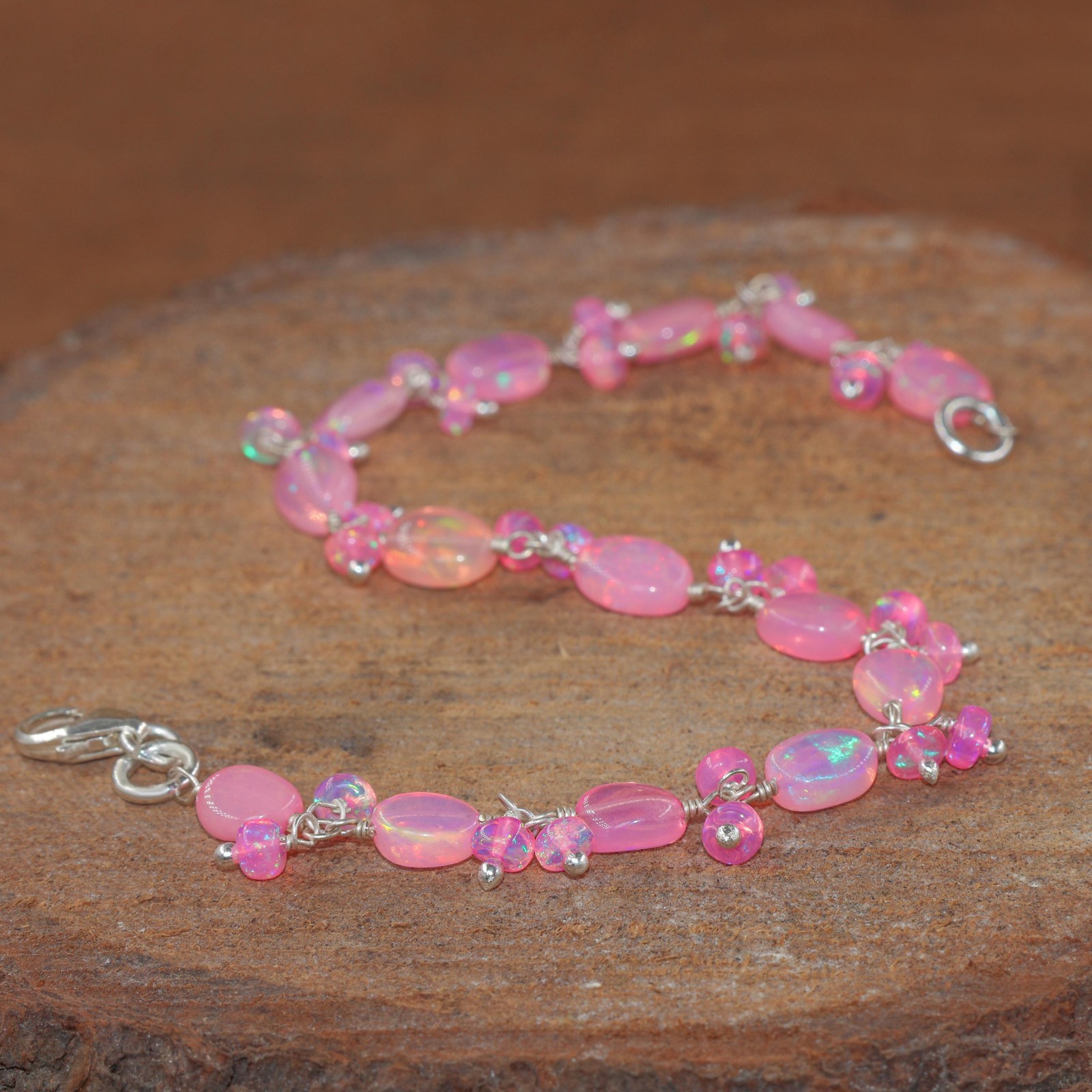 Genuine Pink Opal Gemstone Tumble Beads Bracelet, Natural Fire Opal Bracelet