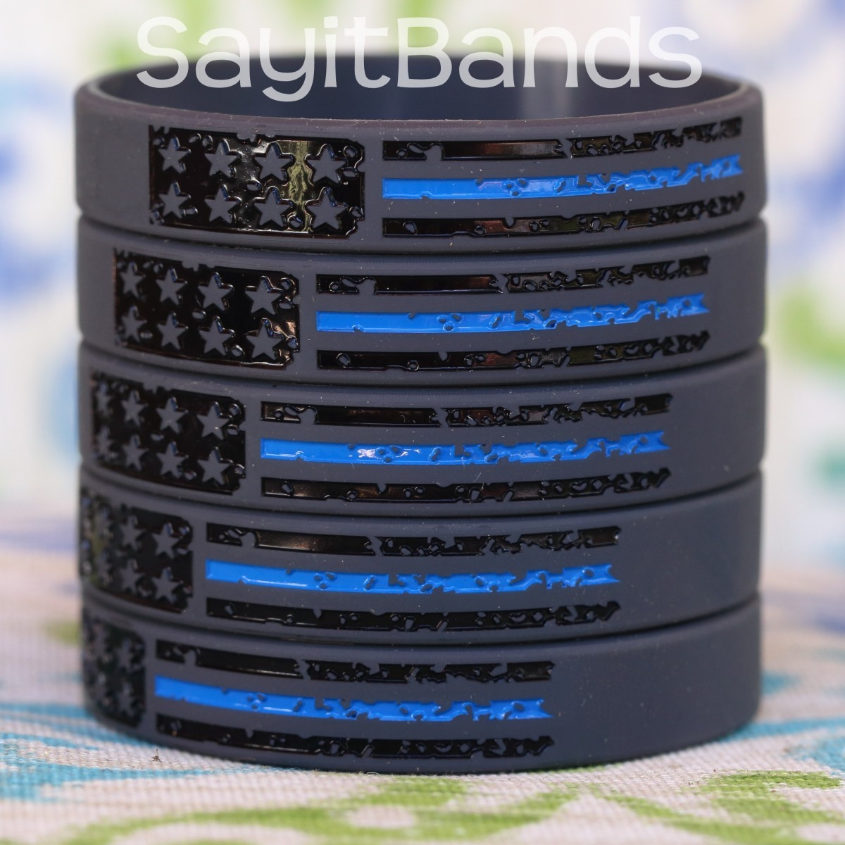 Five (5) Vintage Flag Thin BLUE Line Wristbands Police Band Awareness Bracelets