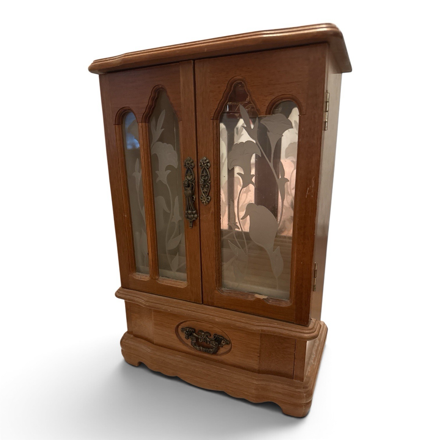 Vintage Wood & Glass Jewelry Box Cabinet w/ doors Mirror, Velvet Lined Drawer