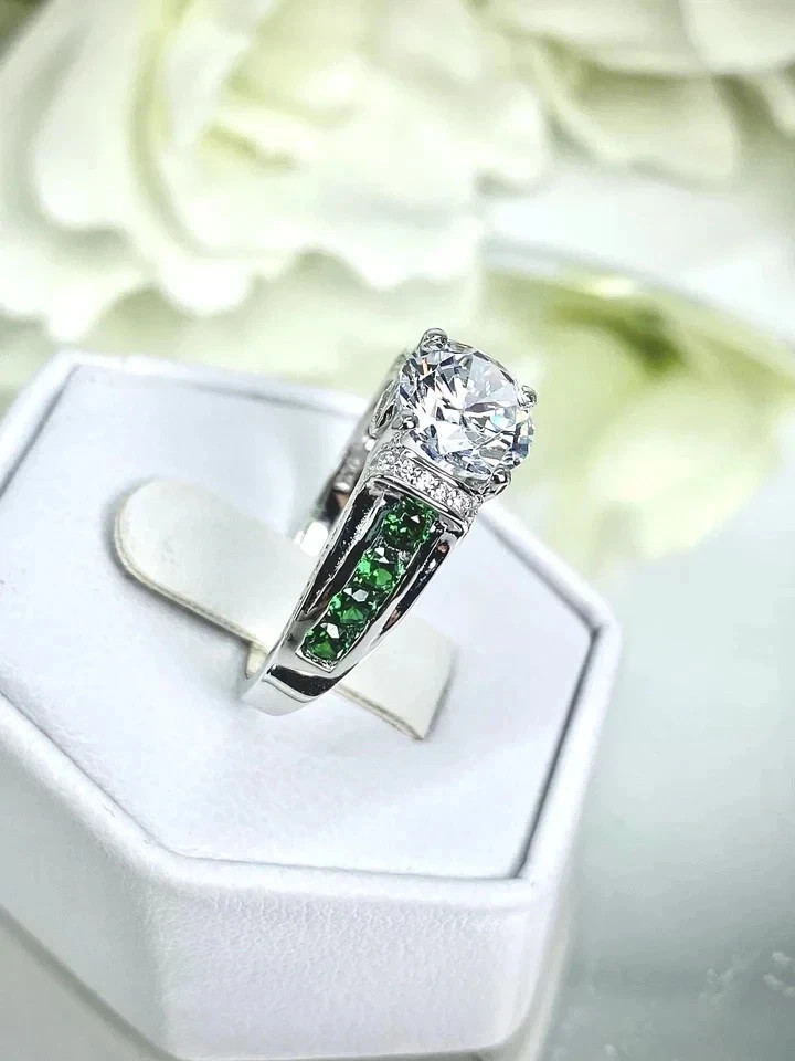 Art Deco Style Lab Created Diamond Emerald Engagement 14K White Gold Finish Ring
