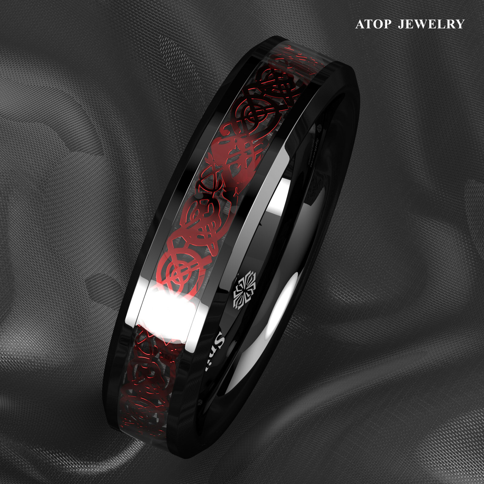 ATOP 8/6mm Men Black Red Tungsten Ring Wedding Band Celtic Dragon Carbon fiber