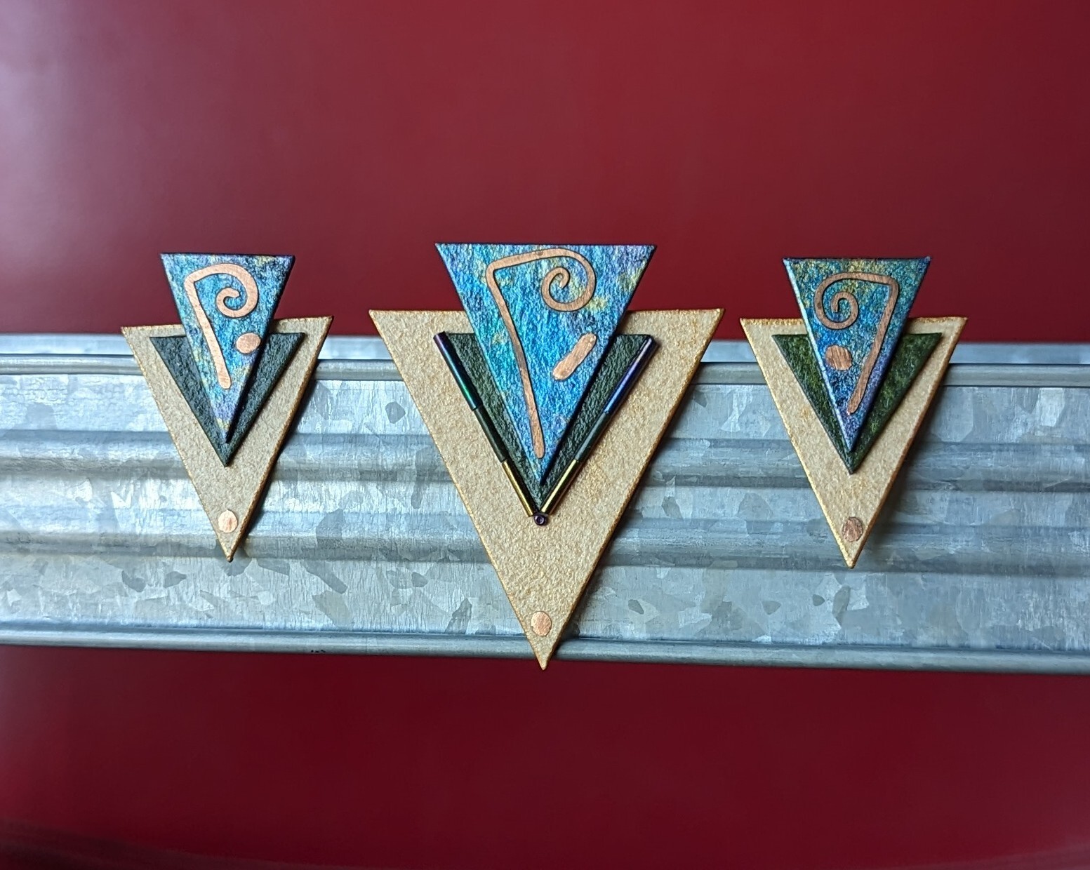 Artisan 3pc SET Gold Blue Green Paper Triangle Brooch & Earrings Modern Abstract