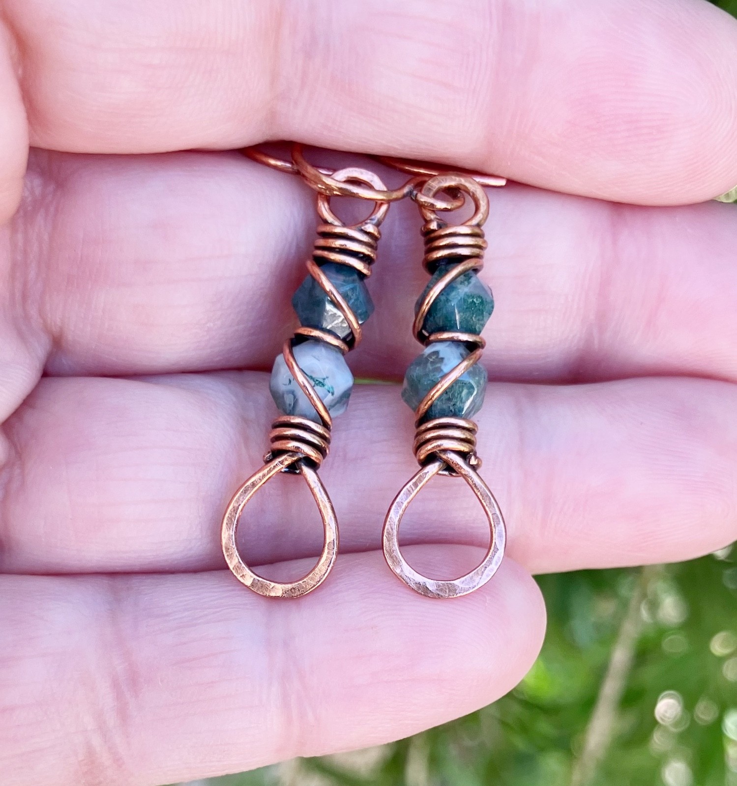 Wire Wrapped Moss Agate Dangle Drop Earrings Copper Crystal Bohemian Jewelry
