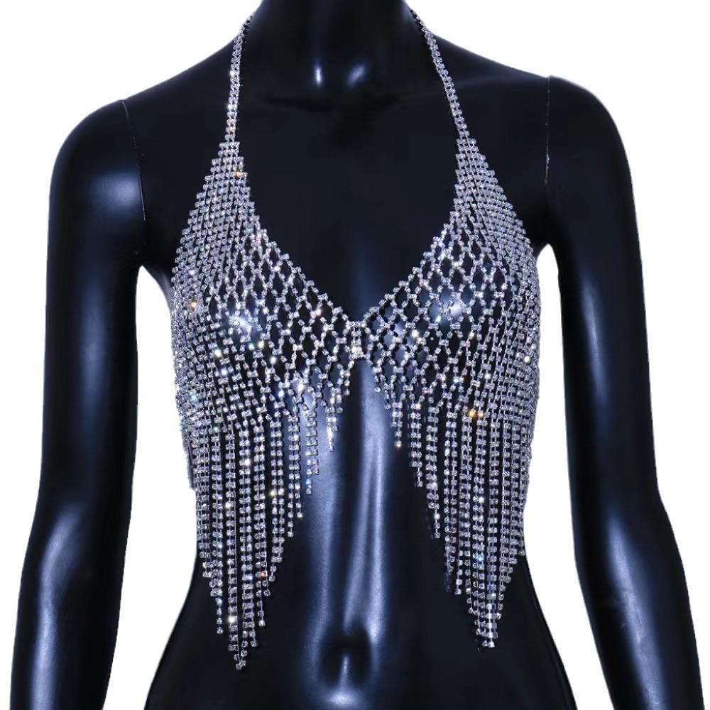 Rhinestone Tassel Chest Chain Mesh Body Chain Women Jewelry Accessory Outfit