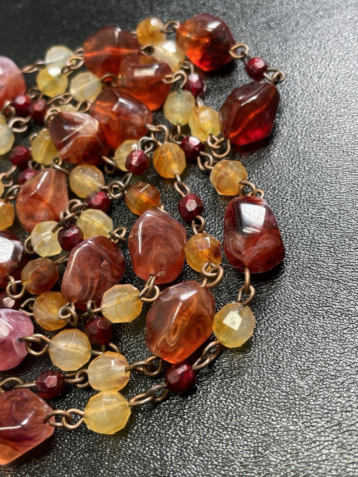Vintage 48” Red & Orange Chunky Lucite Beaded Chain Necklace