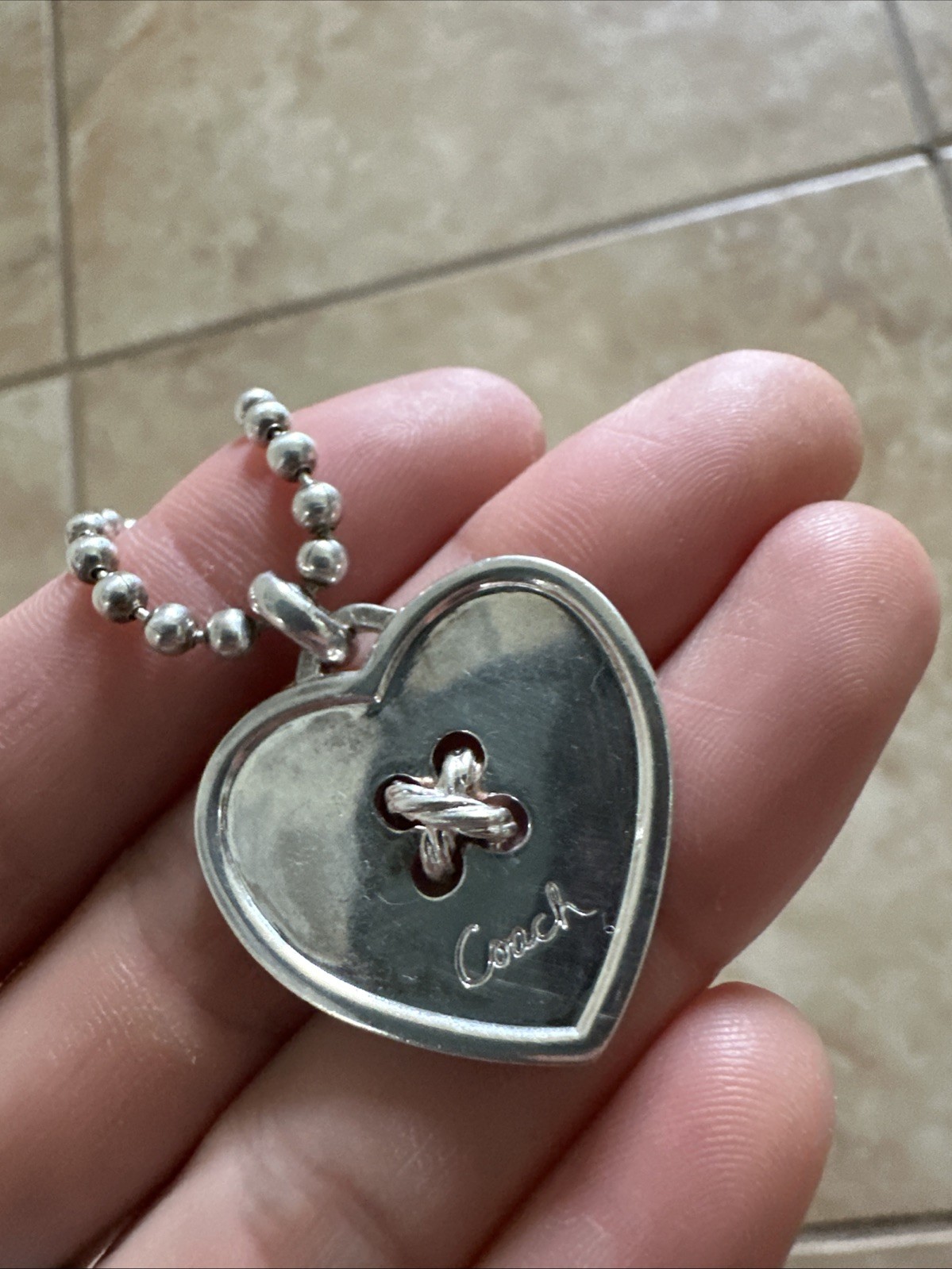 Vintage Y2K Sterling Silver Authentic Coach Heart Button Pendant Necklace