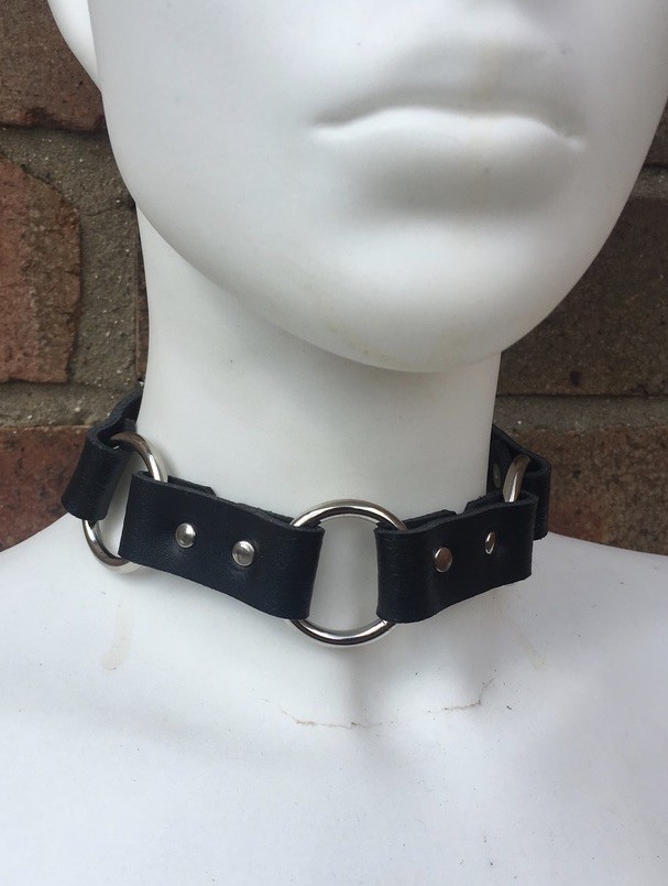 Real Leather Triple O or Heart Ring Choker Necklace Choice of Colours Handmade