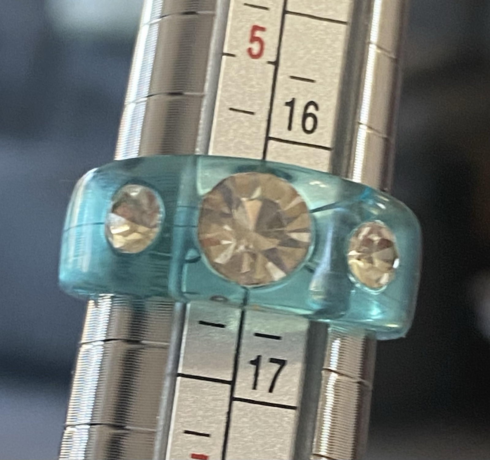 Lucite Blue Acrylic Plastic Ring Clear Rhinestones Size 6