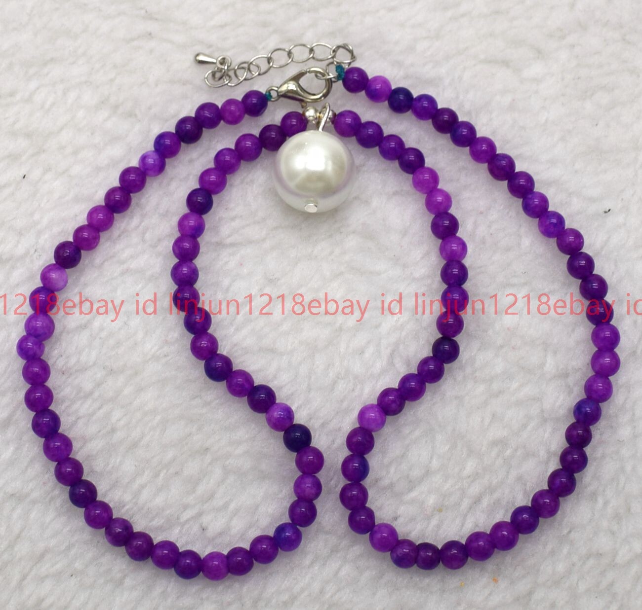 4mm Purple Sugilite Round Gems Beaded White Shell Pearl Pendant Necklace 16-28in