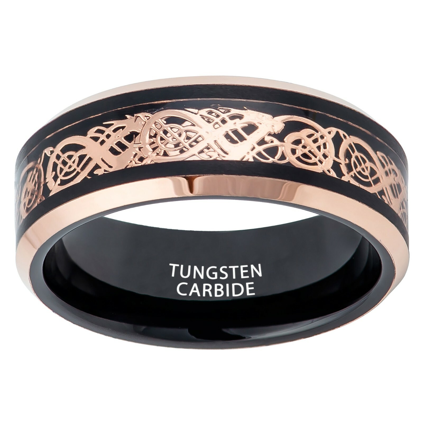 Tungsten Ring Two Tone Black Ion Plated w/ Celtic Cut-out Inlay 8mm Wedding