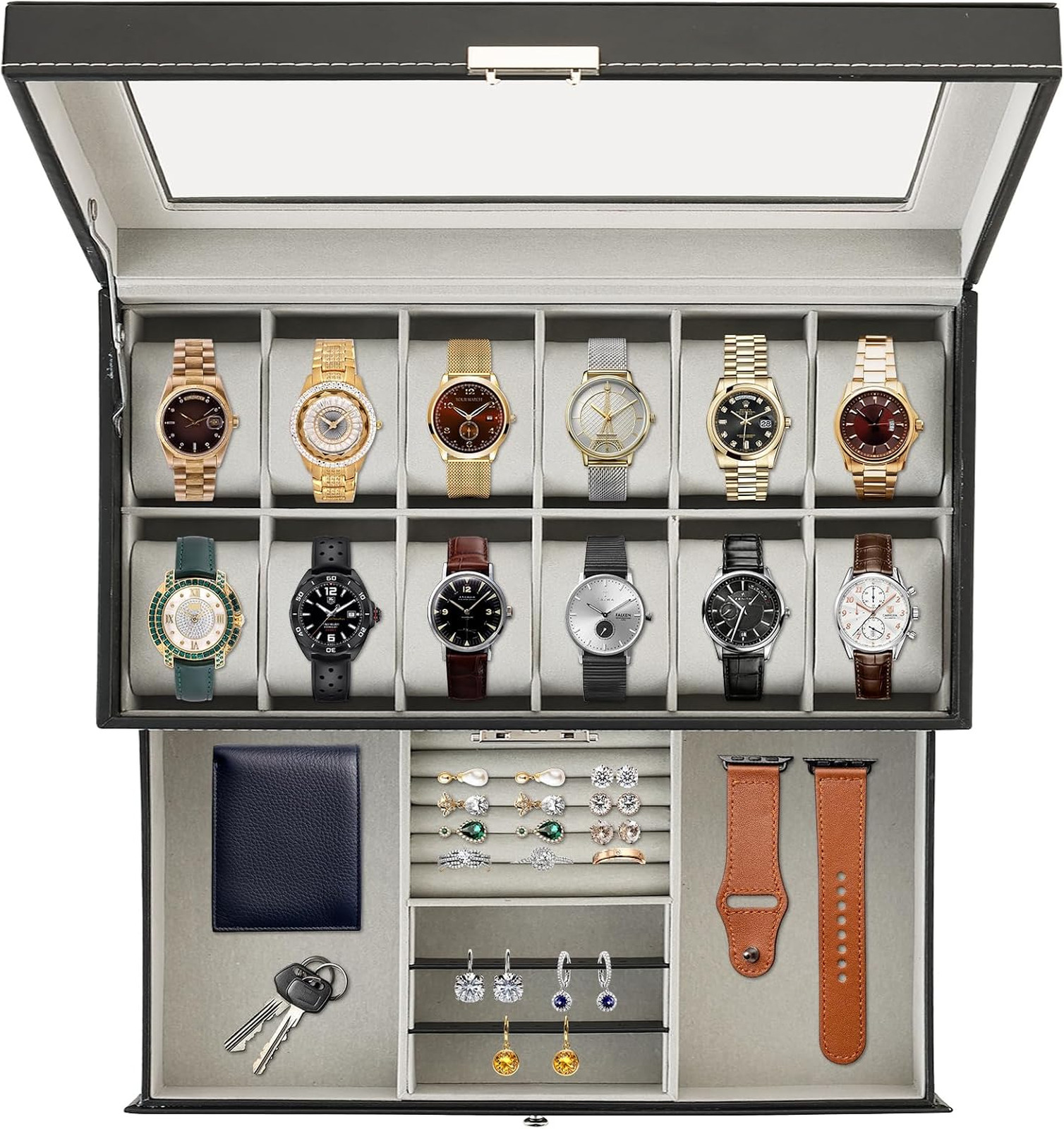 12 Slots Watch Case with Lockable Leather Jewelry Organizer for Women Men, Glass