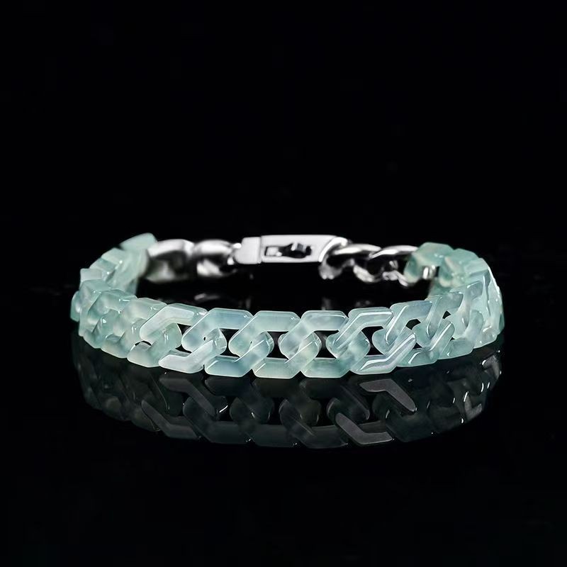 Real Grade A 100% Natural Green Jade Jadeite Cuban Curb Link Bracelet 7-7.9Inch