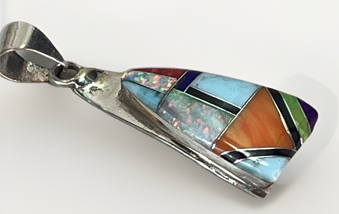 Turquoise Multi Stone Inlay Sterling Silver Pendant NAVAJO Trevor Jack Signed