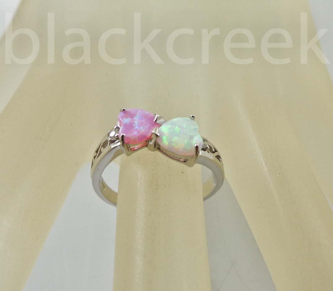 925 Sterling Silver / White / Pink / Two Hearts / Opal~Size 4/5/6/7/8/9/10/11/12