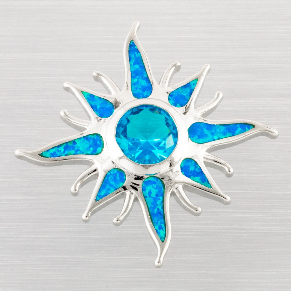 Starburst Simulated Blue Topaz Blue Fire Opal Silver Jewelry Necklace Pendant