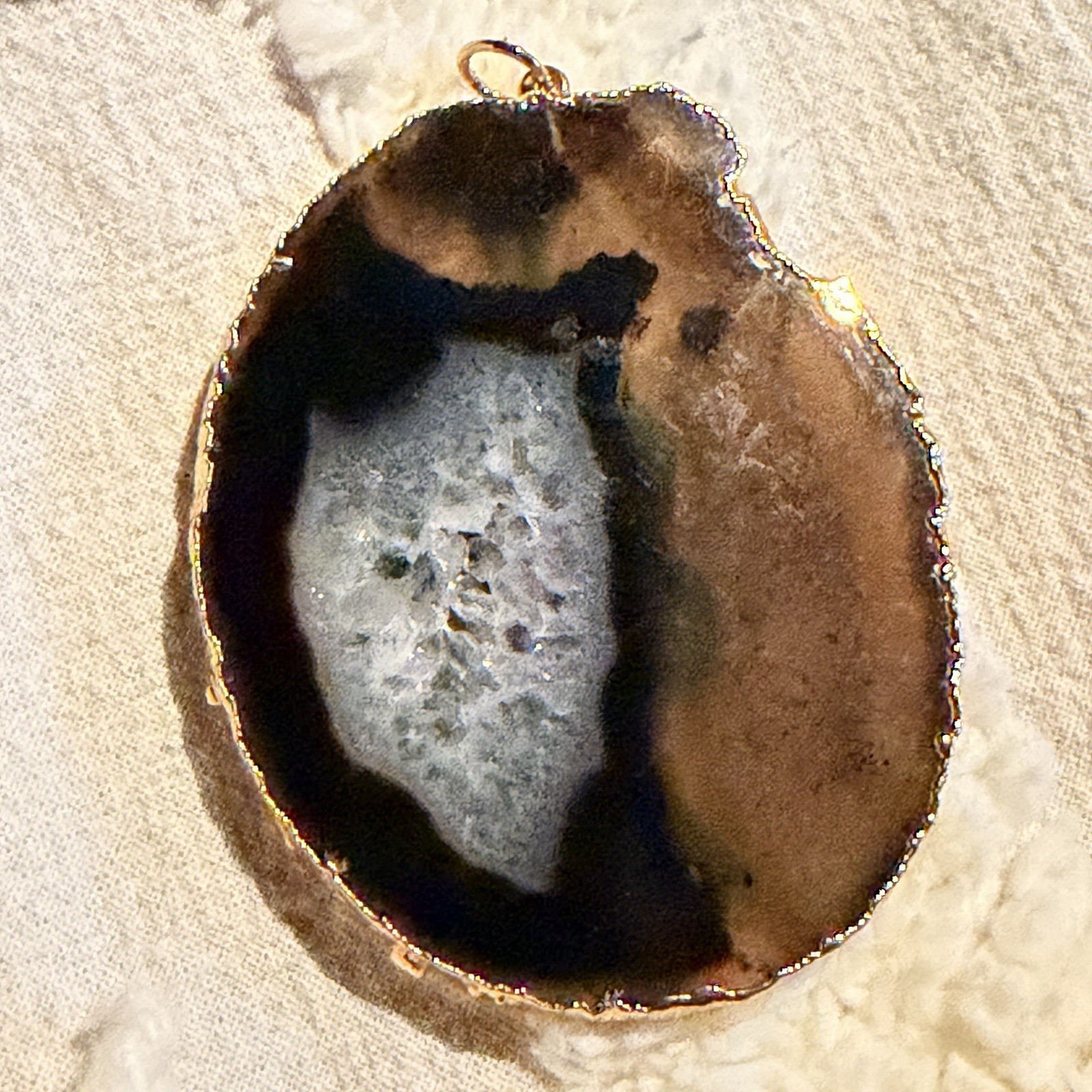 Hand Painted Polished Agate Slab Goldtone Purple Flowers Pendant Vtg 2.5”