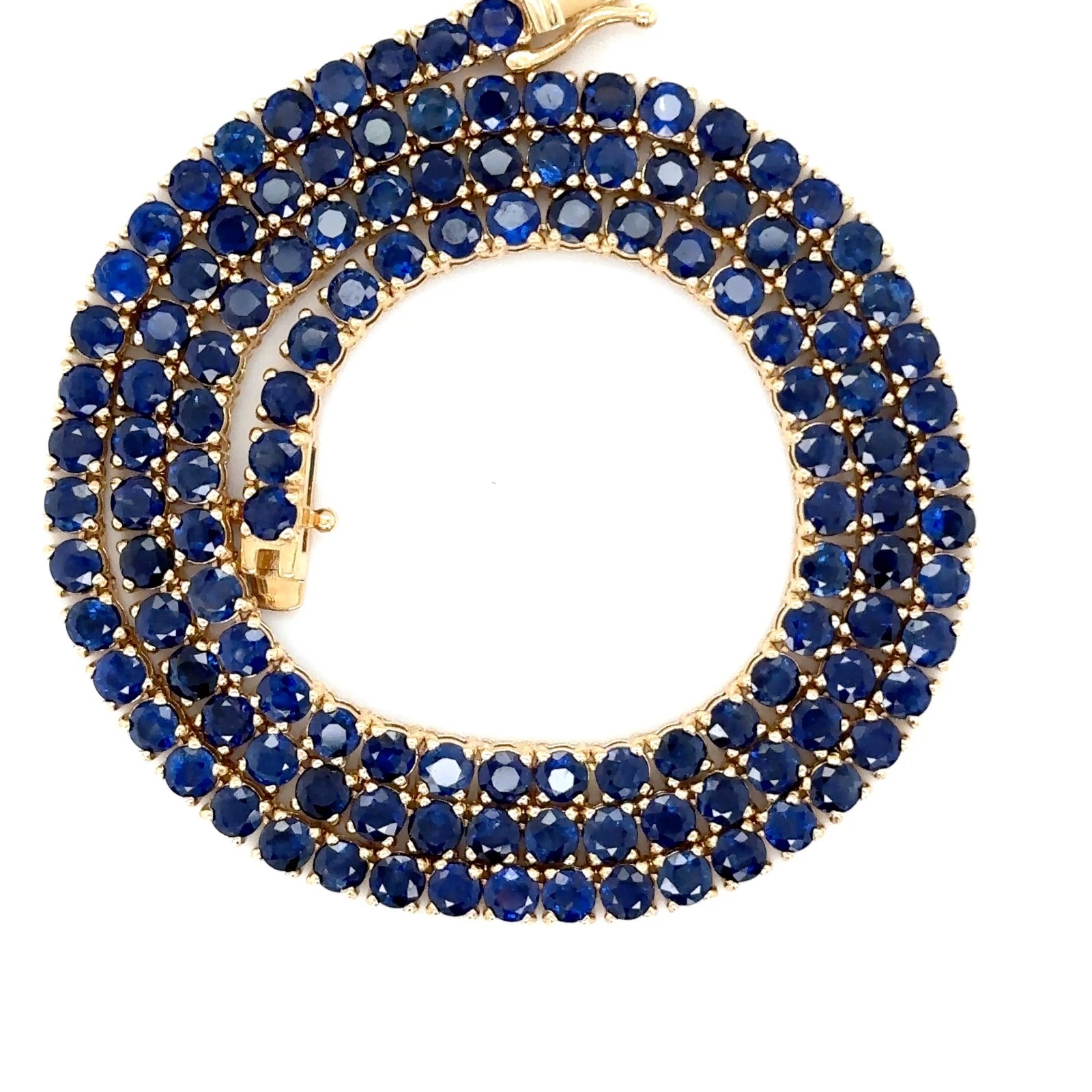 14K Yellow Gold 17″ Full Eternity Round Blue Sapphire Tennis Necklace 28.85ctw