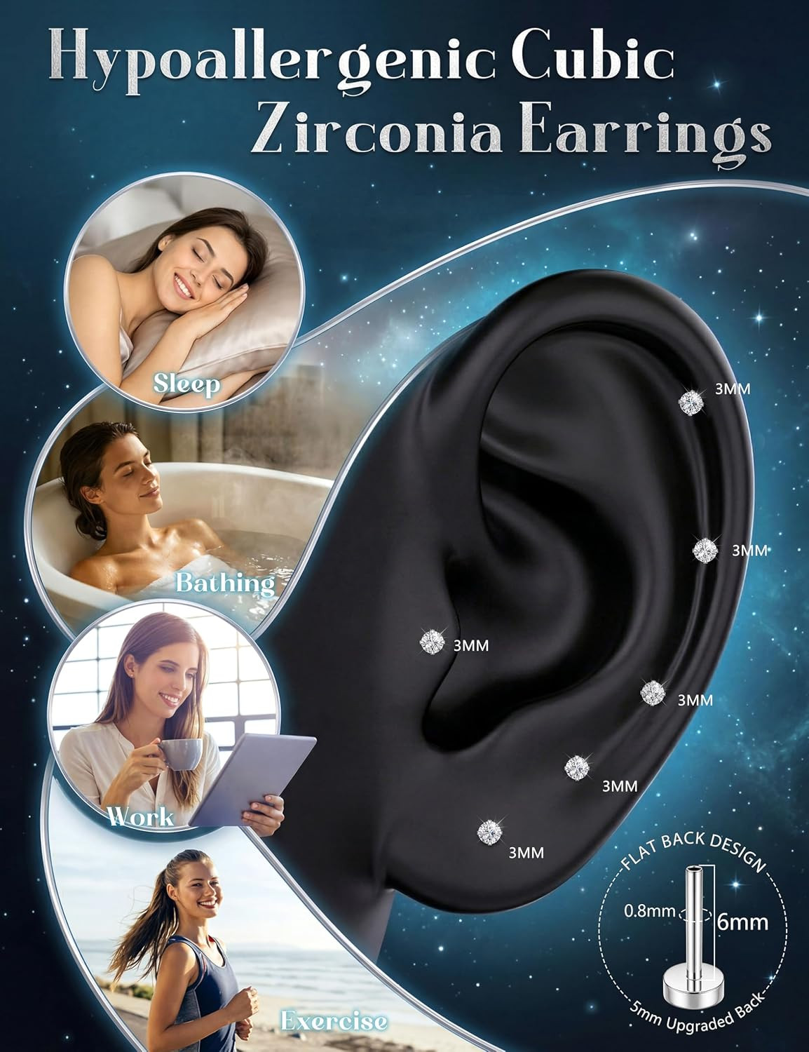 20G Cartilage Earring Stud for Women Men 316L Surgical Steel Flat Back Earrings