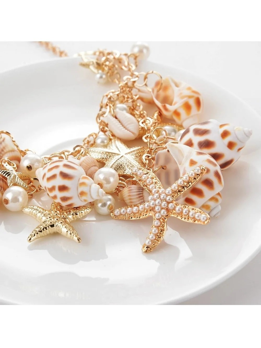 Gold Tone Shell & Pearl Starfish Charm Statement Necklace, Adjustable