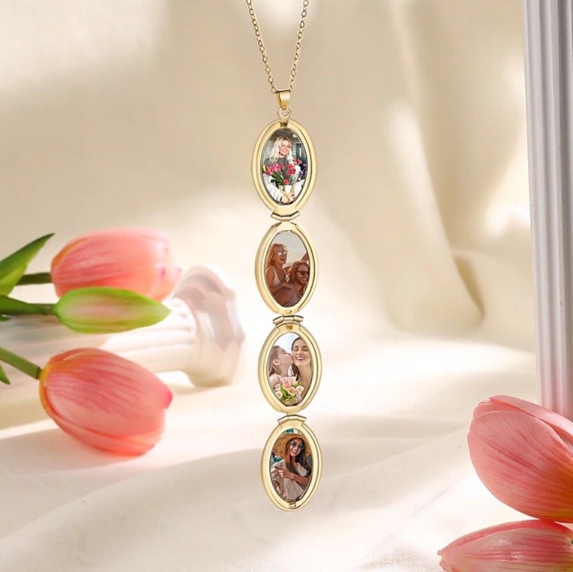 Gold Multi Photo Locket Necklace Expandable Family Memory Keepsake Pendant Gift