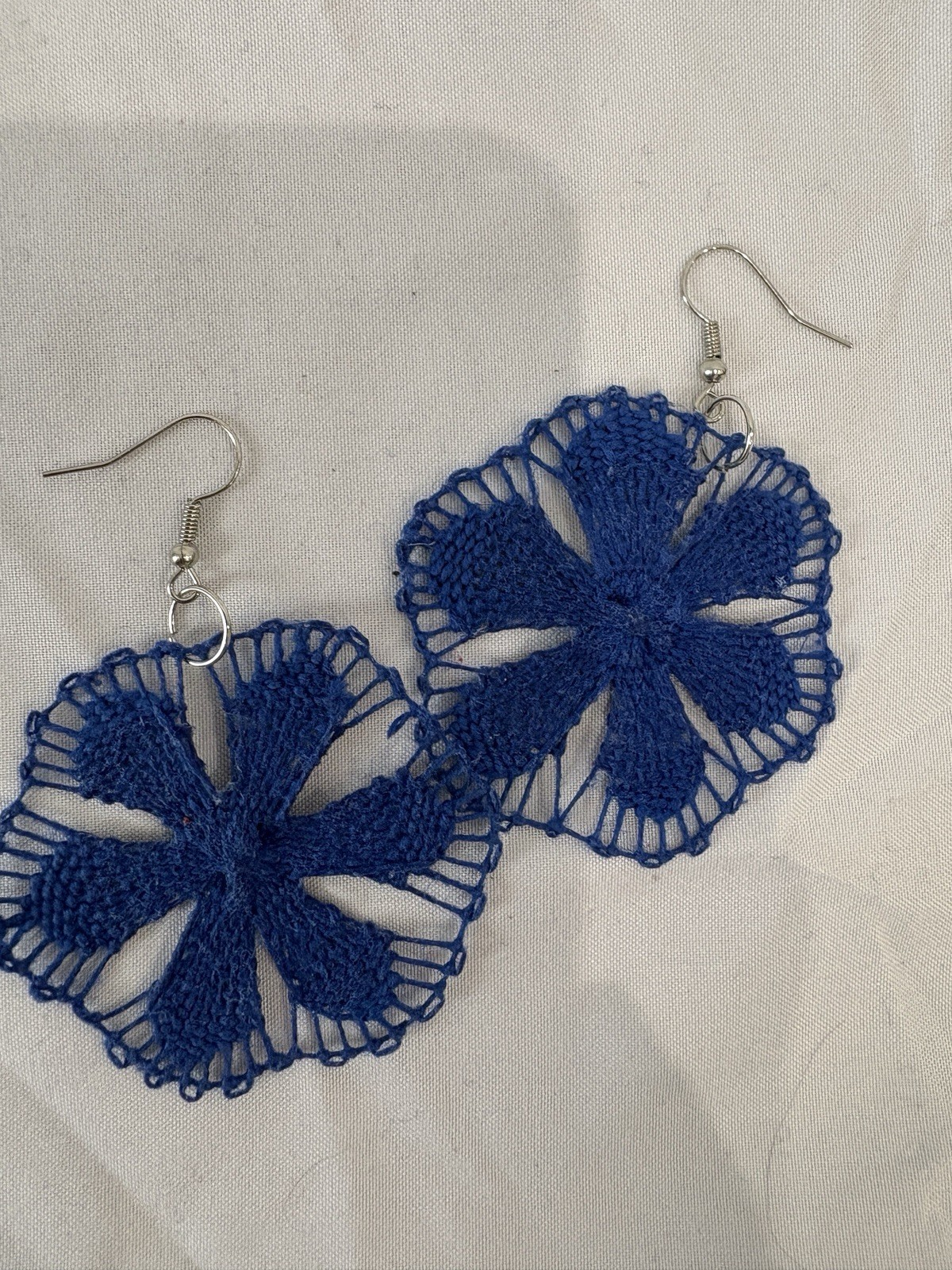 Handmade Blue Flower Thread Dangle Drop Earrings, French Wire Closure