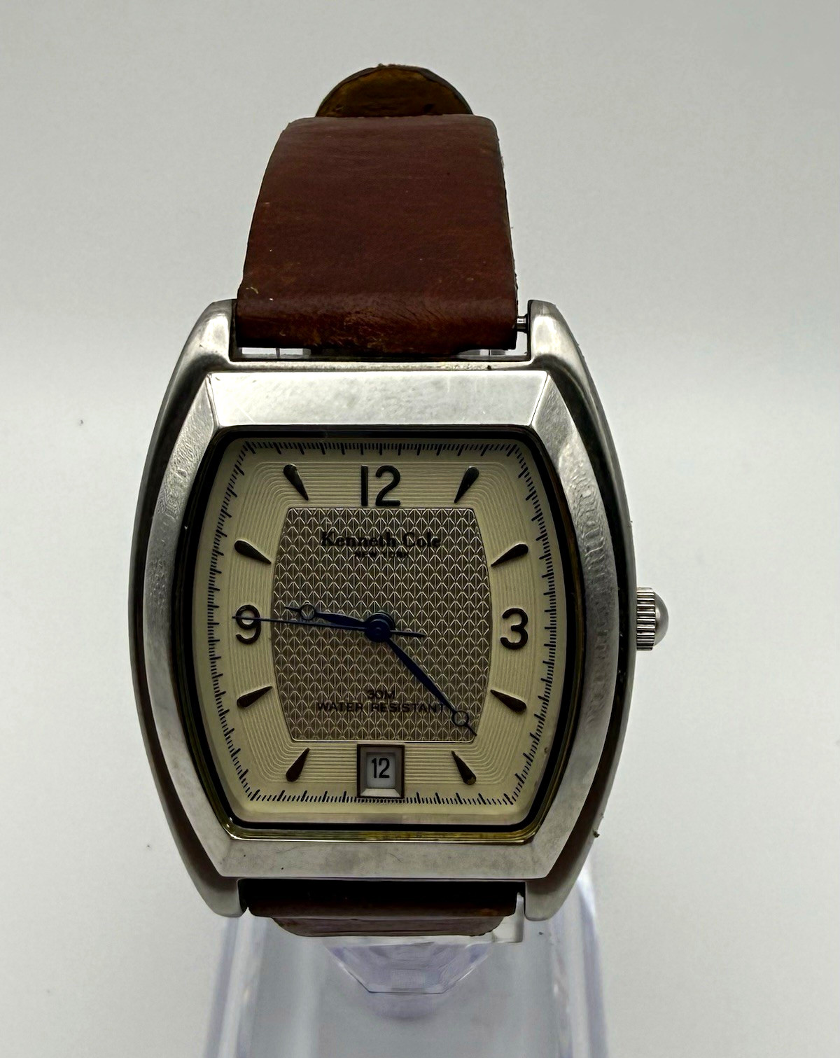 Kenneth Cole Quartz New York Tonneau SS Brown Leather Silver Dial Date 30m