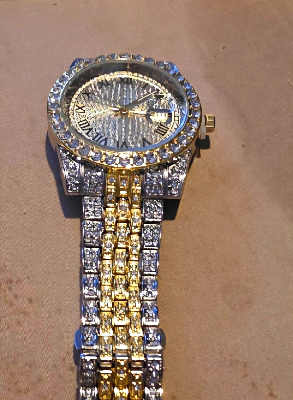 Iced-Out Two-Tone Quartz Fashion Wristwatch Roman Numerals Date 40-43.9mm