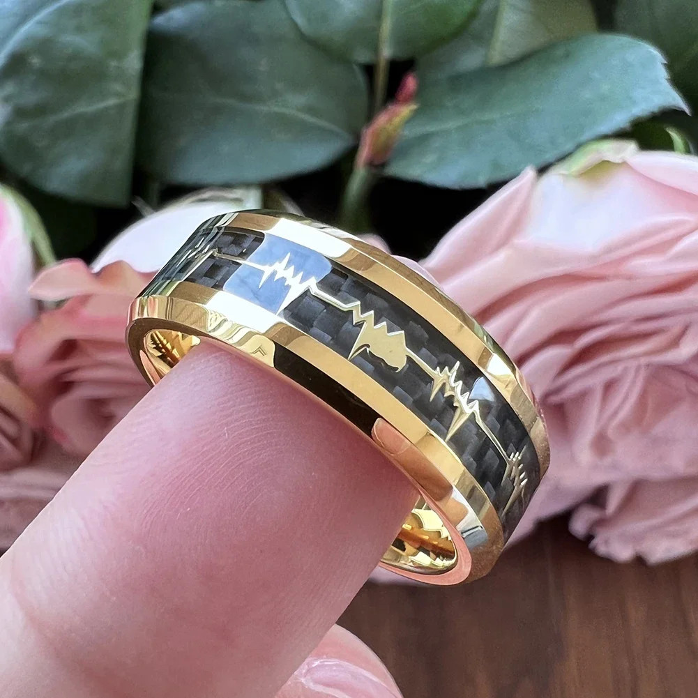 8mm Carbon Fiber Heart Inlay Tungsten Carbide Wedding Band Ring Men Jewelry