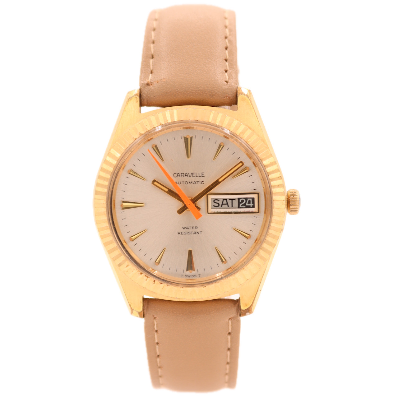 Vintage 35mm 1975 Caravelle Day Date Automatic Wristwatch 11UOACB Gold Tone 17J
