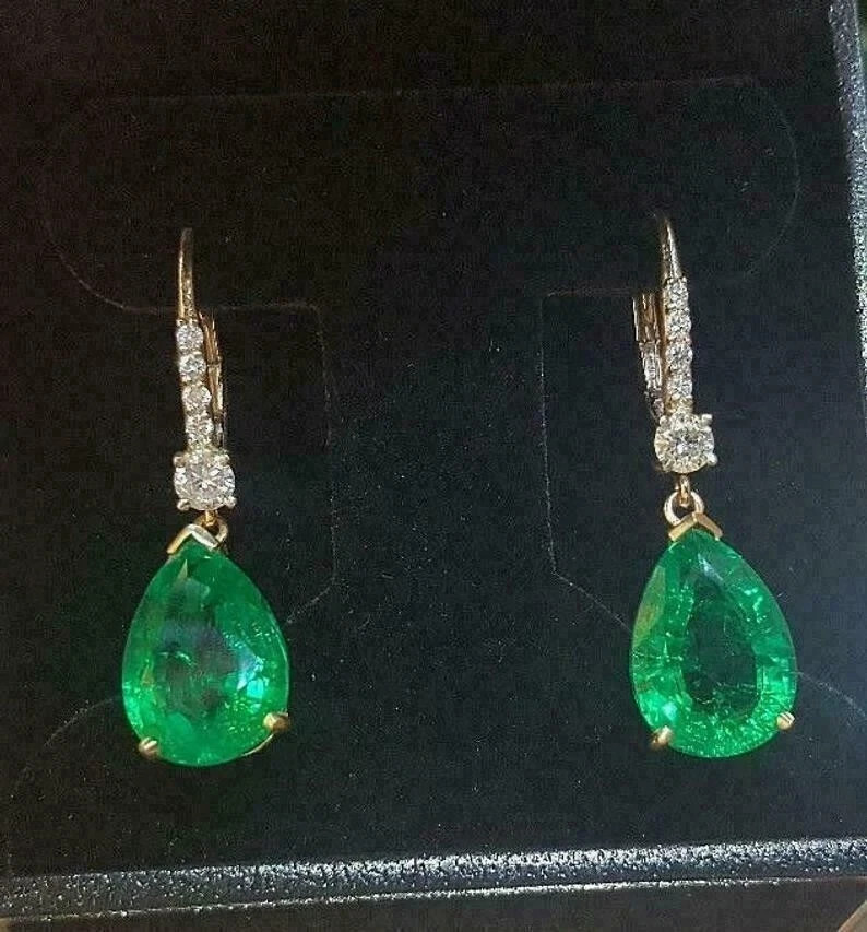 2CT Pear Cut Simulated Green Emerald Drop Dangle Earrings 14K Yellow Gold Plated