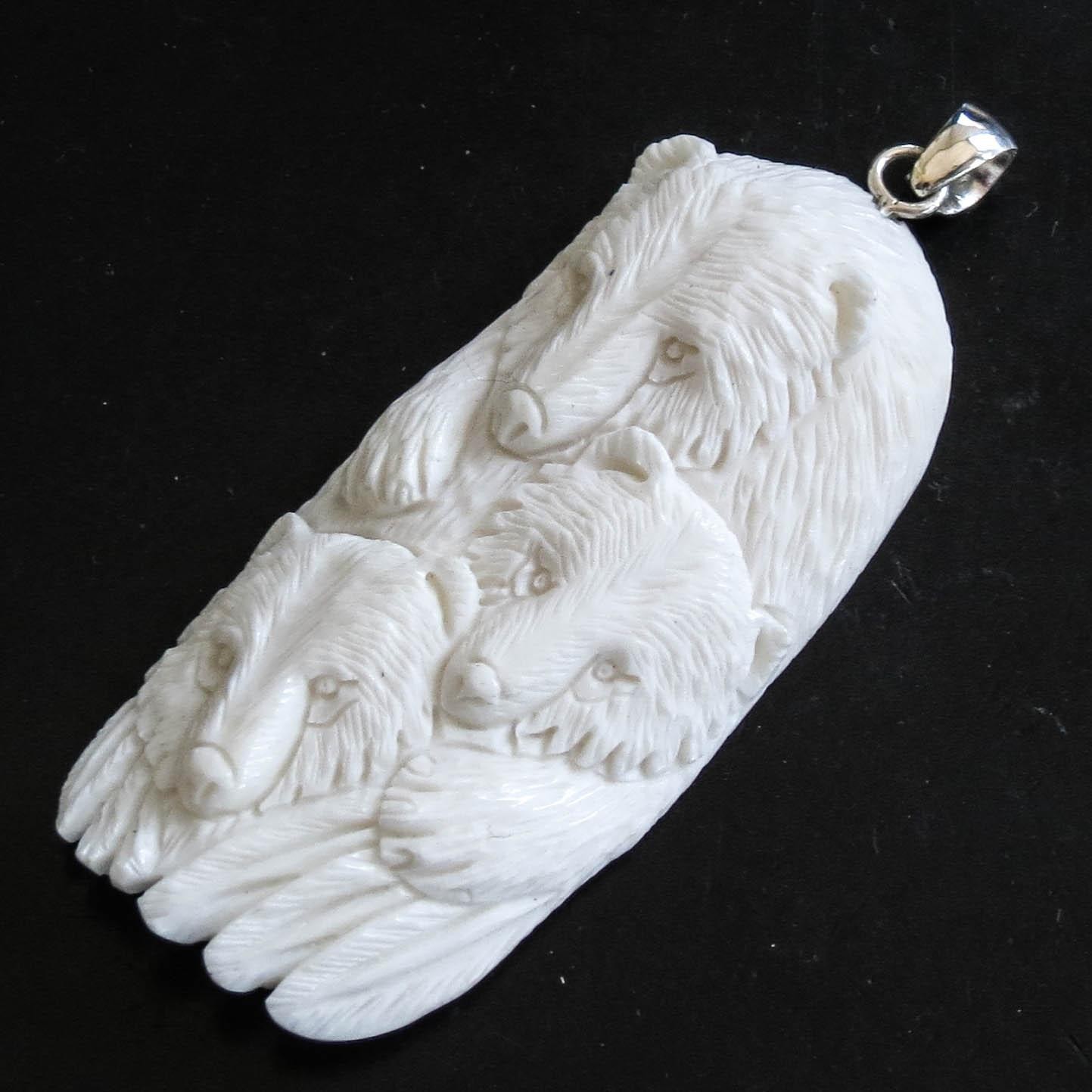 925 Silver Grizzly Bear With Cubs Bison Bone Hand Carving Sterling Pendant, 3″