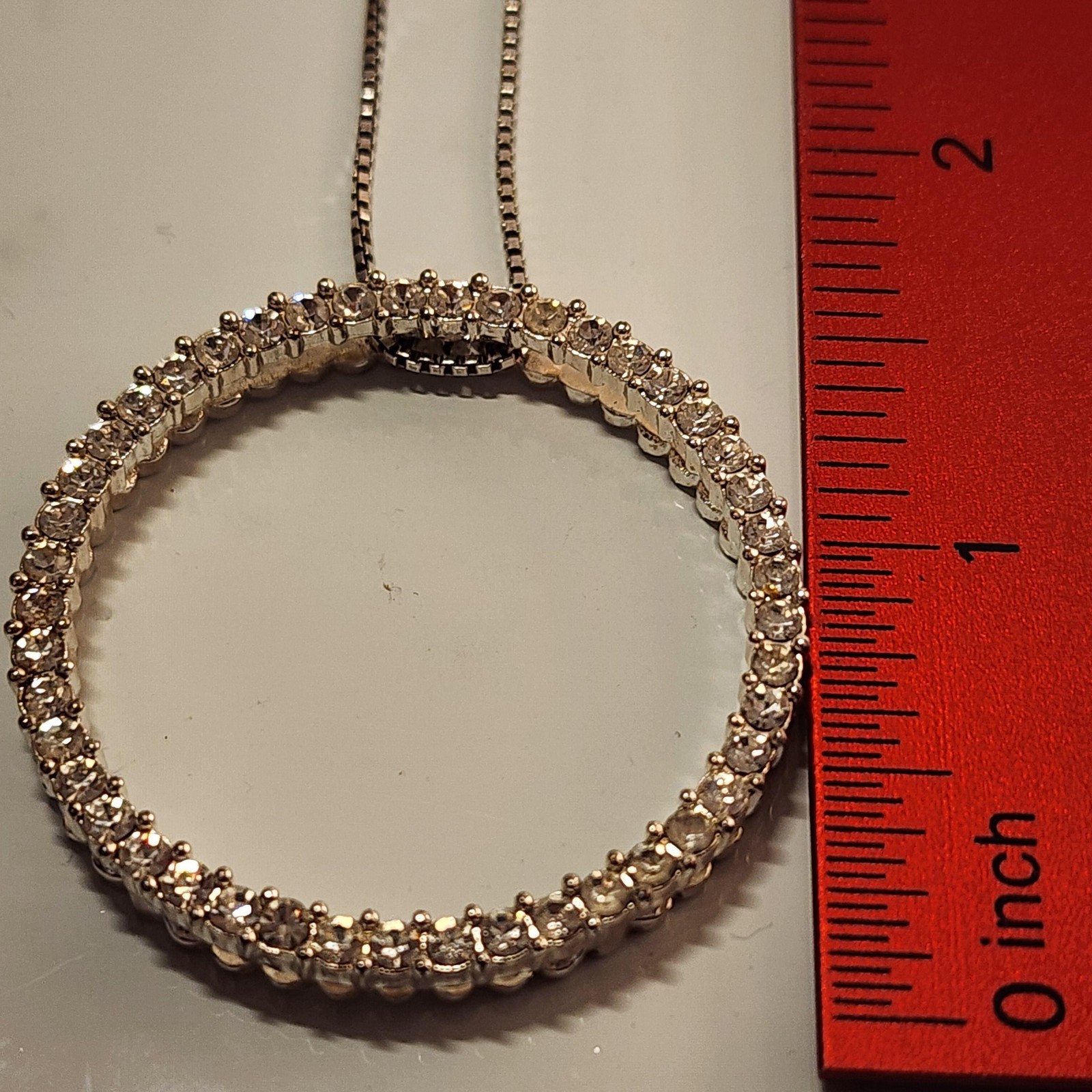 Large Circle Crystal Pendant Necklace 17in Sterling Silver Box Chain Halo