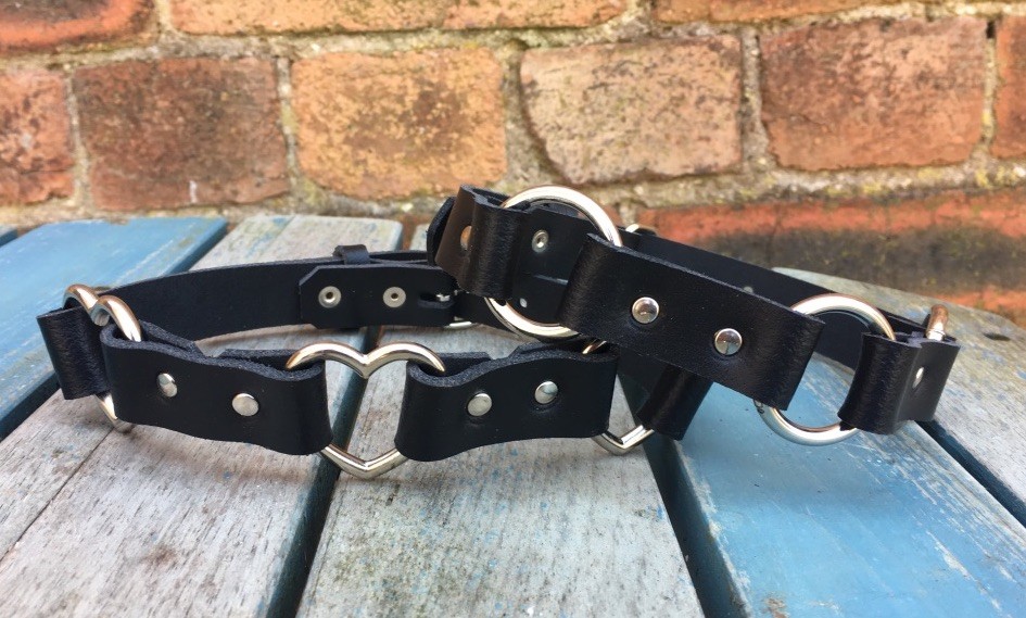 Real Leather Triple O or Heart Ring Choker Necklace Choice of Colours Handmade