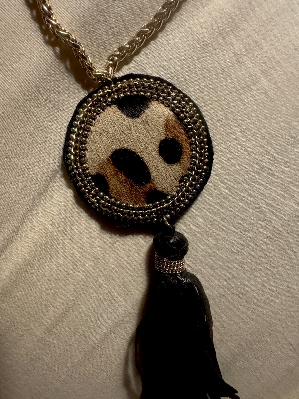 Chico’s Long Leopard Print Medallion Black Tassel Necklace 34″ Gold Tone