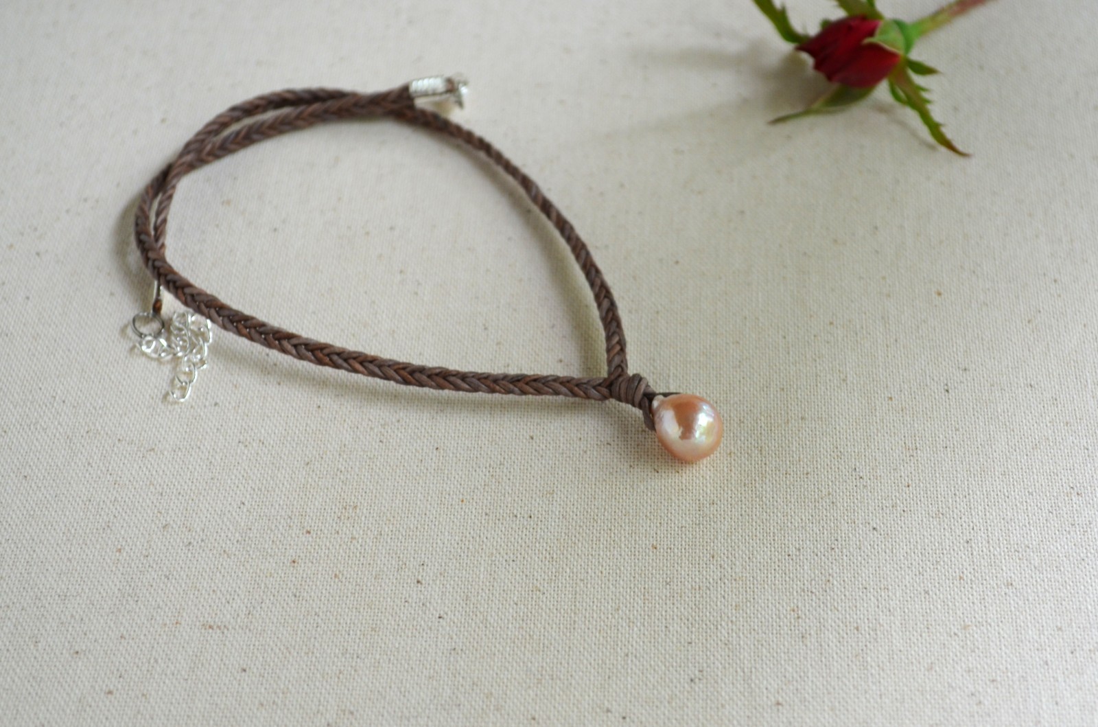Edison Pearl Necklace Pink 12x15mm Braided Leather Cord Minimalist Pendant 16″