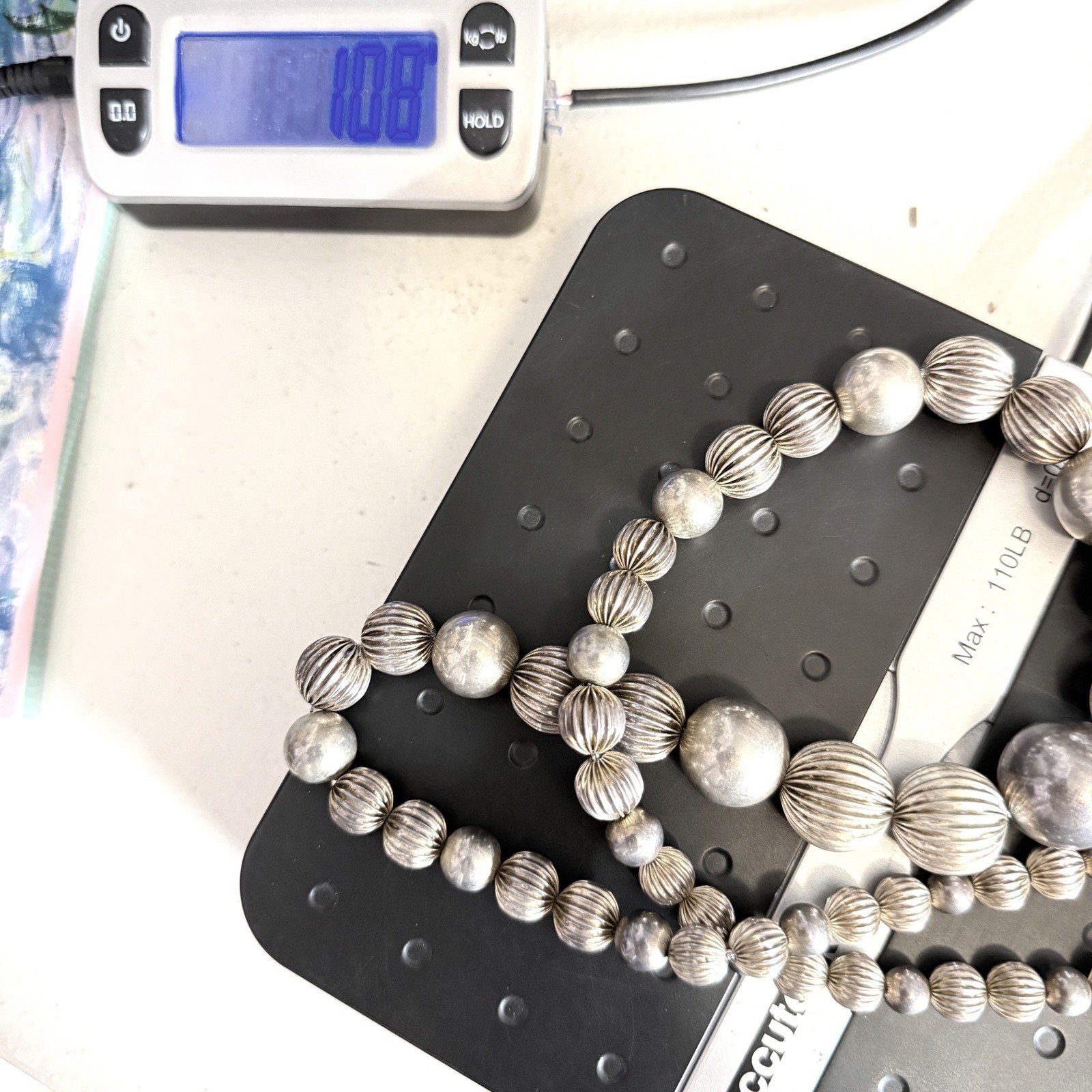 Sterling Silver Bead Necklace 108 Grams Graduated Ribbed Filigree Clasp