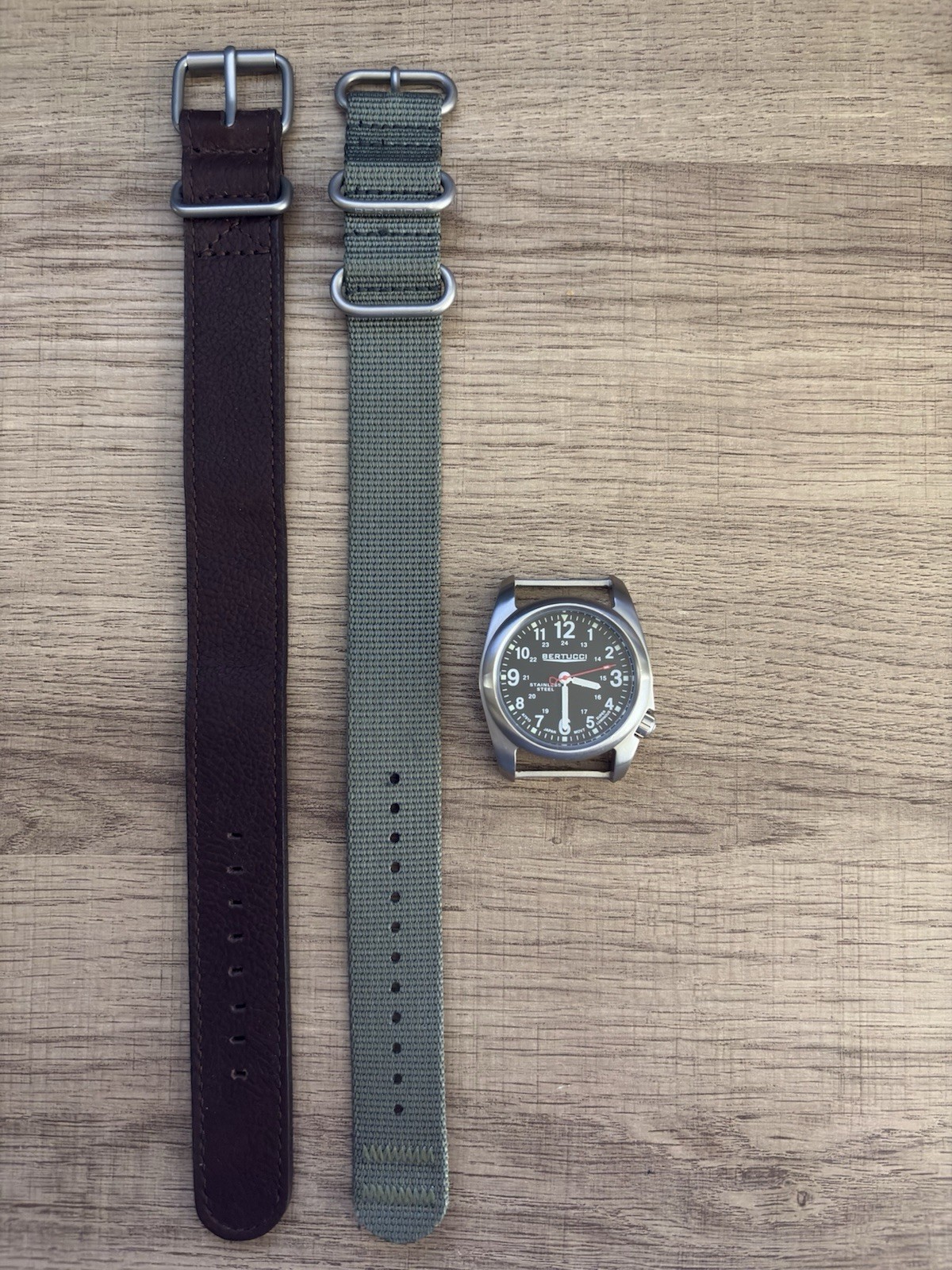 Bertucci A-2S Black Dial with Green Nylon Strap and Brown Leather Strap