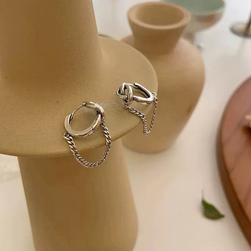 925 Silver Knot Chain Huggie Hoop Earrings Dainty Chunky Chain Drop Hoop D36