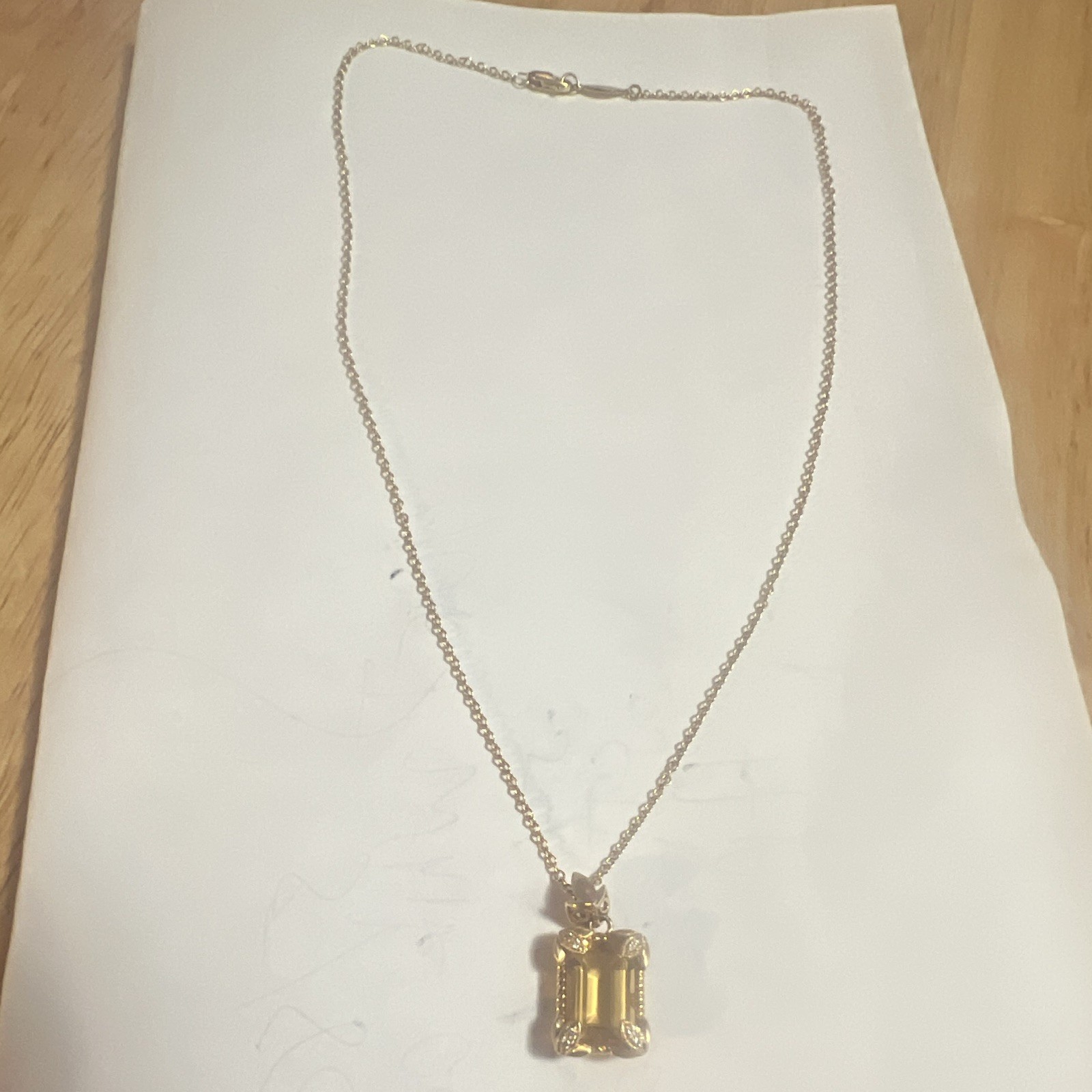 Gold Tone Metal Cable Chain Necklace Yellow Emerald-Cut Crystal Charm Pendant